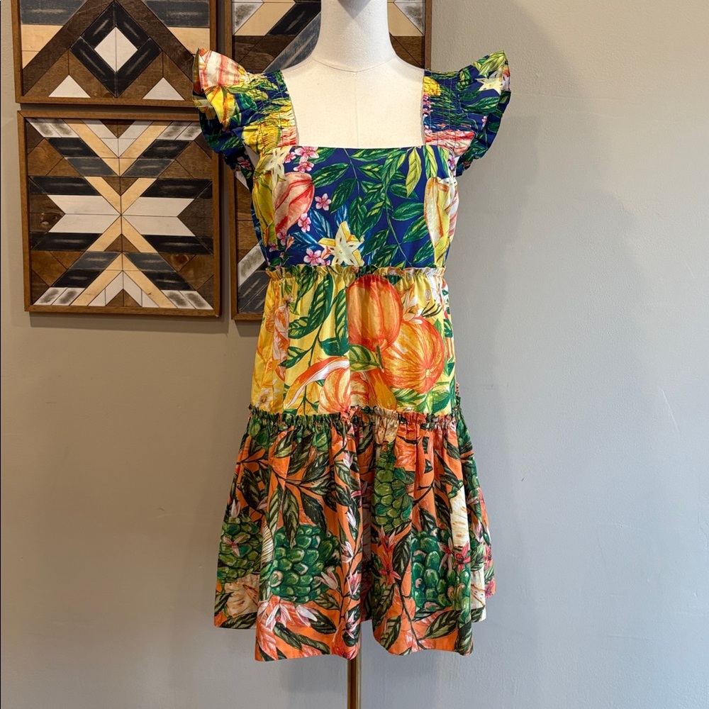 Farm Rio Caipirinha Mini Dress Tropical Print Ruffle Tiered Sundress Size Small